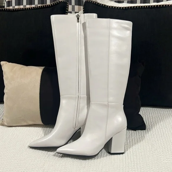 Nine West “Gabal” White Leather Tall Block Heel Pointy Toe Boots Size 7 NEW - Picture 8 of 16